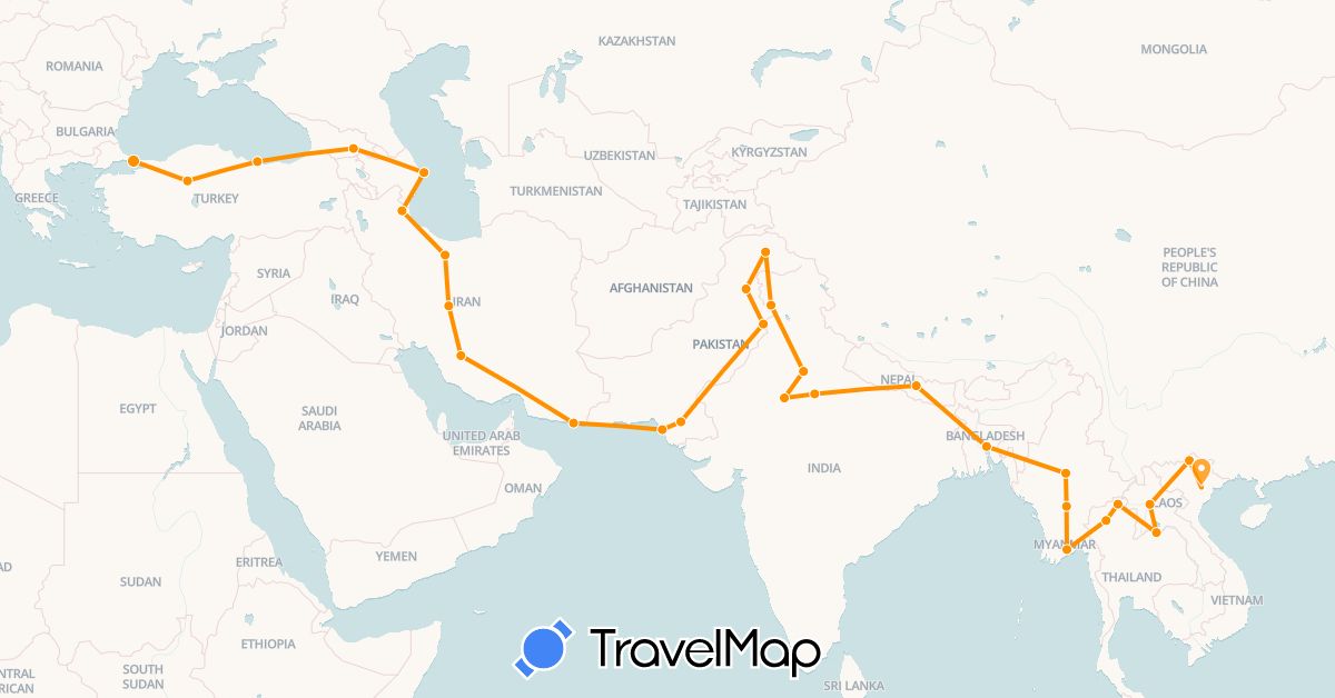 TravelMap itinerary: driving, hitchhiking in Azerbaijan, Bangladesh, Georgia, India, Iran, Laos, Myanmar (Burma), Nepal, Pakistan, Thailand, Turkey, Vietnam (Asia)